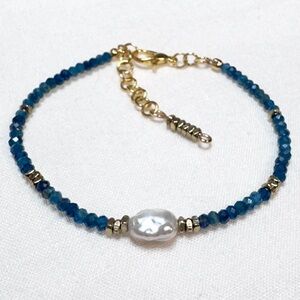 Blue Apatite and AAA freshwater pearl bracelet with gold filled extender chain